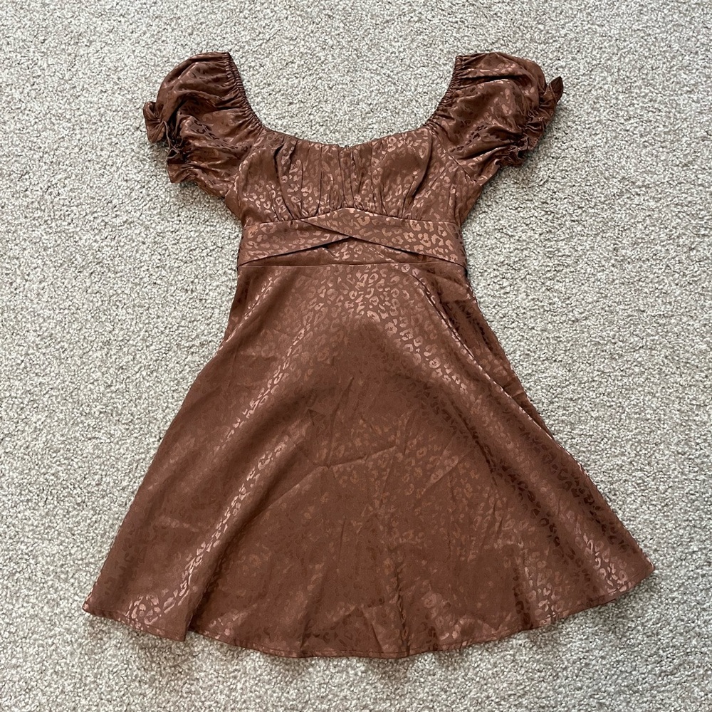 Brown Satin Cheetah Print Mini Dress